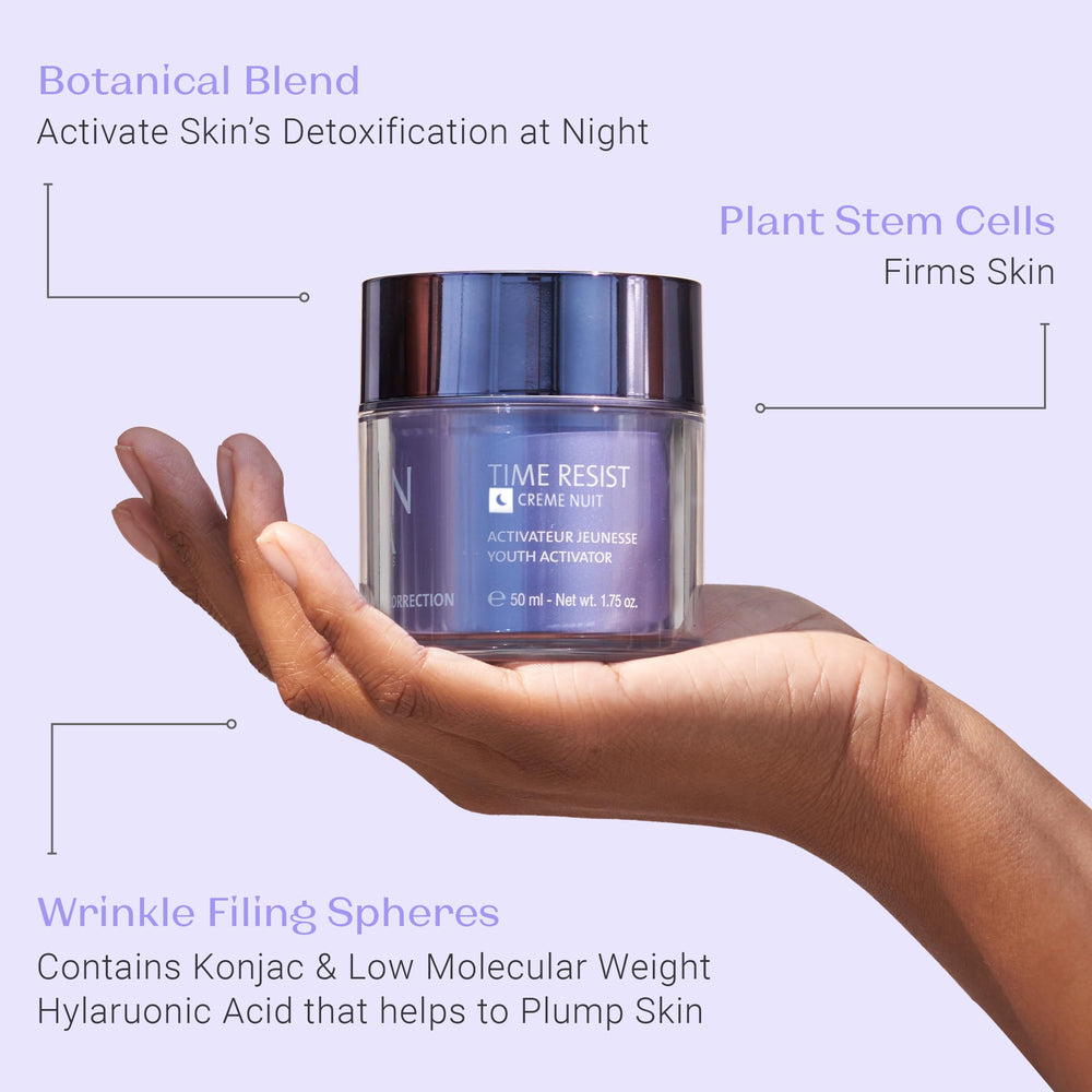 Yonka Time Resist Nuit face application depicts smooth cream on skin.