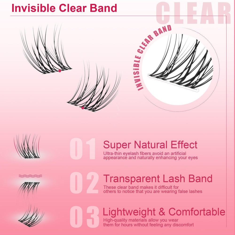 Yoonoya invisible band lash clusters blend with natural lashes for seamless wear.