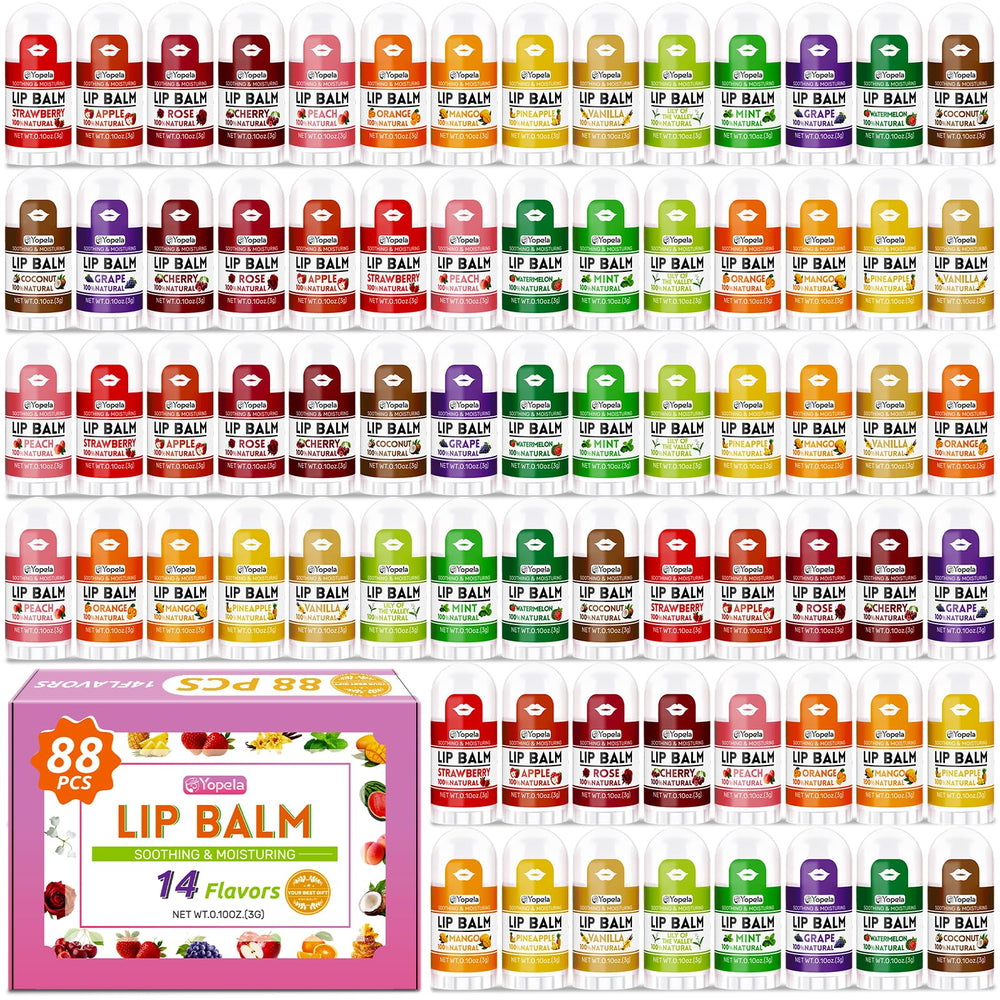 Yopela 88-pack lip balms in assorted flavors close-up for quick hydration