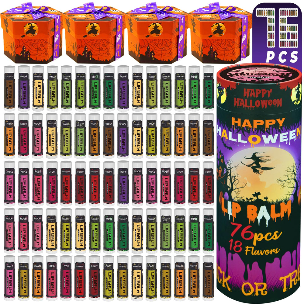 Yopela Halloween lip balm 76-pack collection displays 18 flavors for gifting.