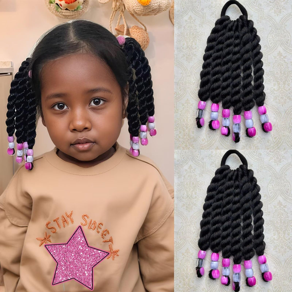 YOROSTAR kids ponytail with beads featuring 6-inch twists for active days.