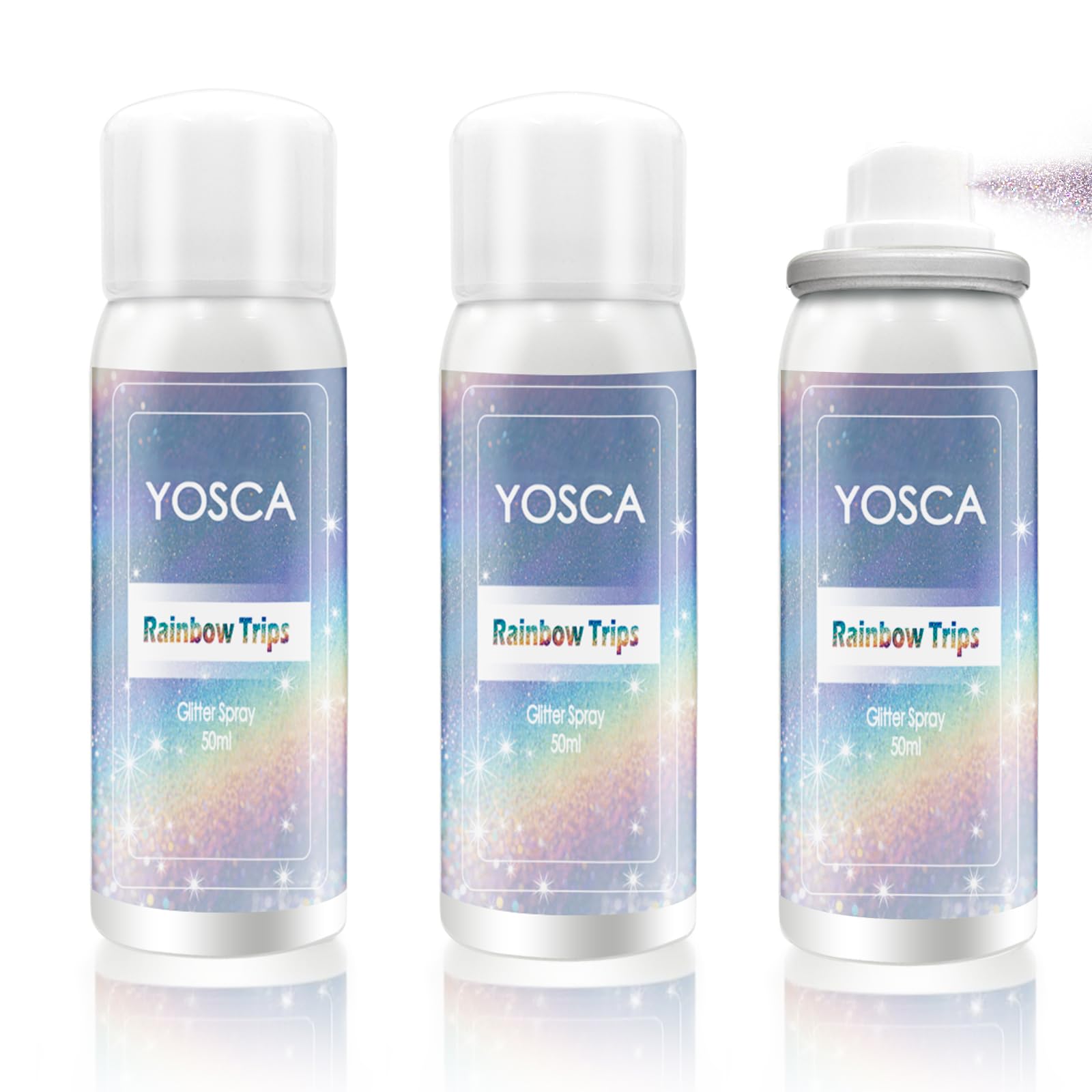 Yosca glitter spray three-pack travel bottles for skin, hair and outfits.