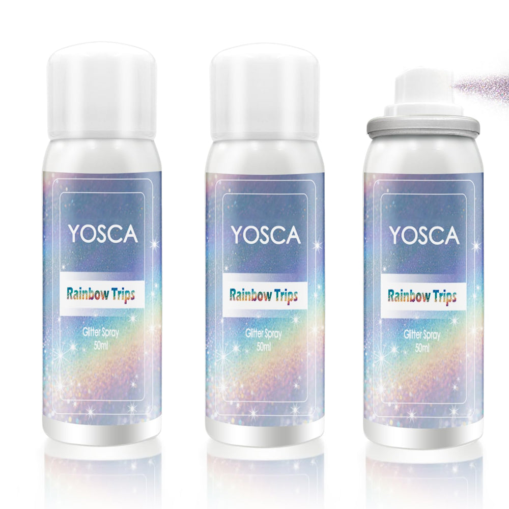 Yosca glitter spray three-pack travel bottles for skin, hair and outfits.