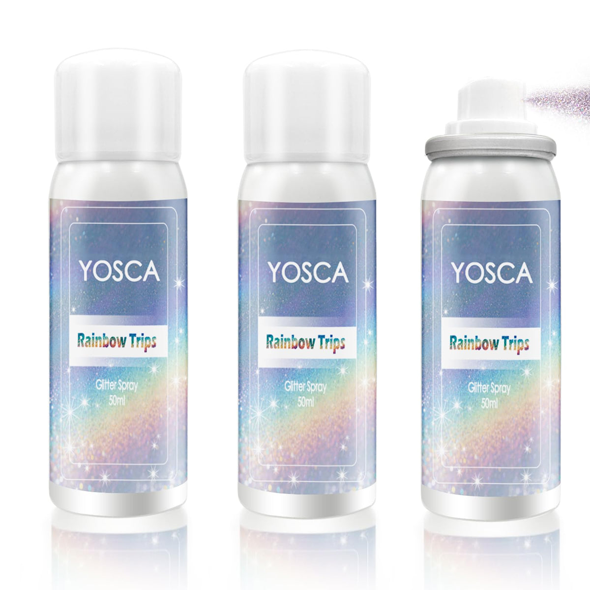 Yosca glitter spray three-pack travel bottles for skin, hair and outfits.