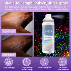 Yosca glitter spray silver shimmer on skin for festivals and photos.