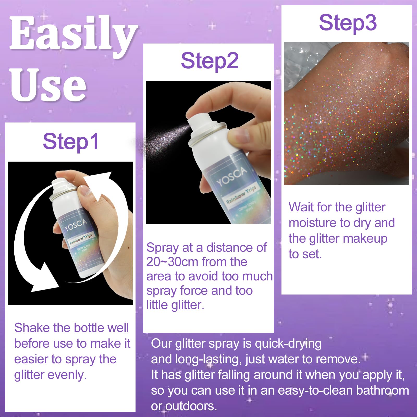 Yosca compact 50ml bottles fit travel bags for shimmer touch-ups.