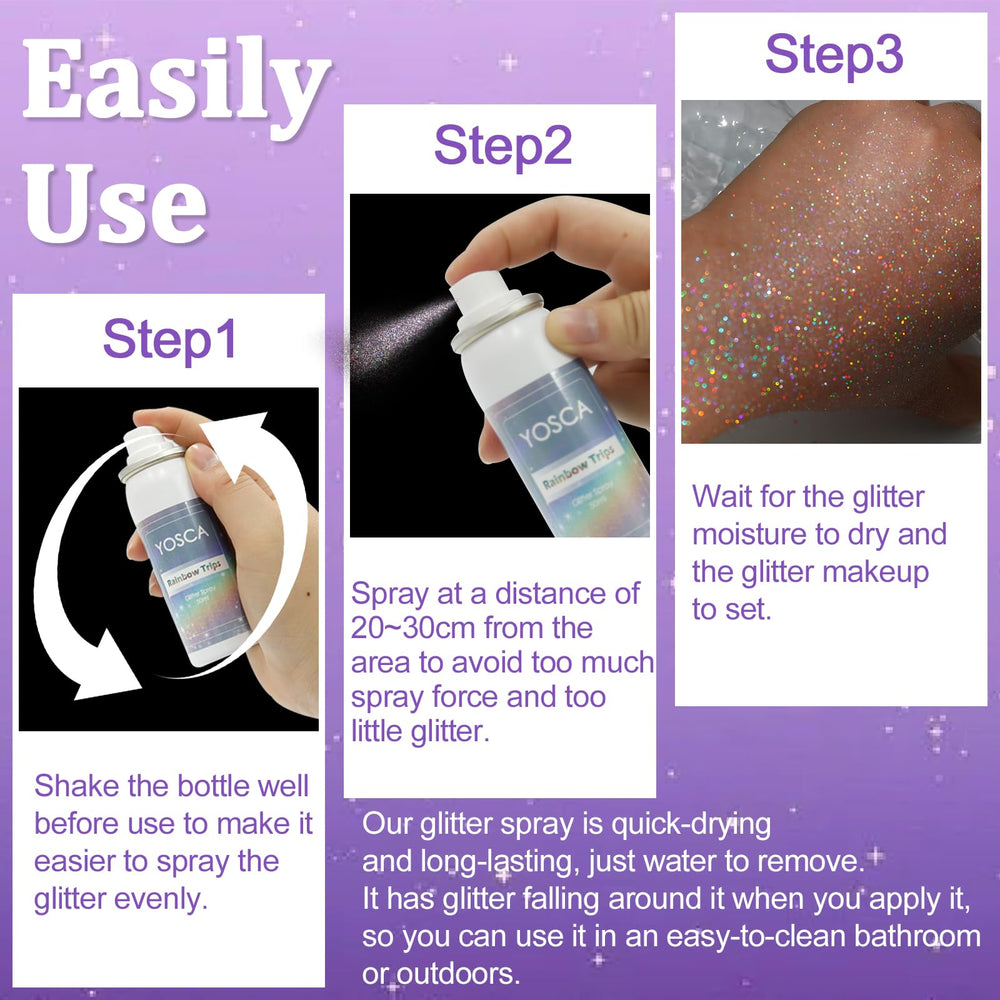Yosca compact 50ml bottles fit travel bags for shimmer touch-ups.