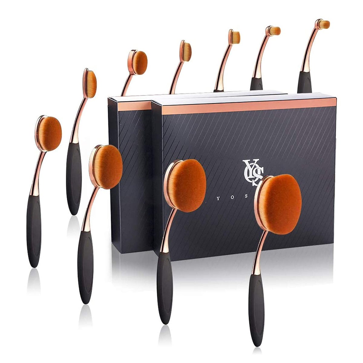Yoseng makeup brush set in rose gold oval brushes for flawless blending.