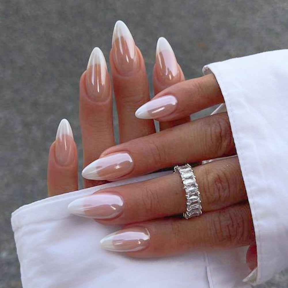 YOSOMMK French Tip Chrome nails with almond shape, glossy mirror finish for daily chic.
