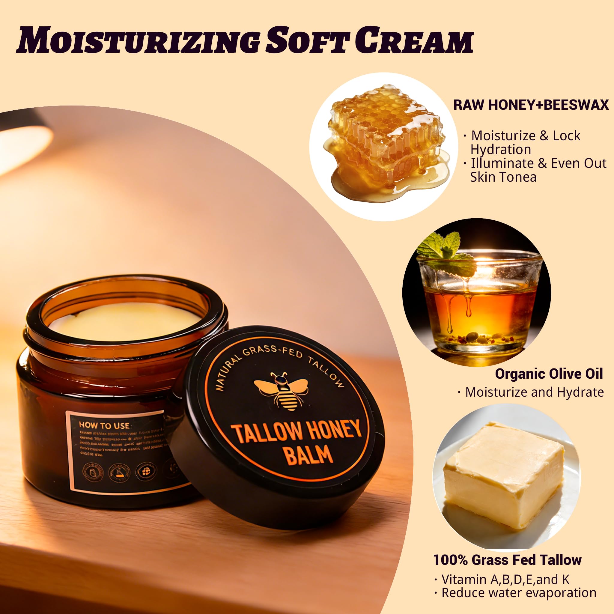 Yotdar ingredients layout features grass-fed tallow, honey, olive oil, beeswax.