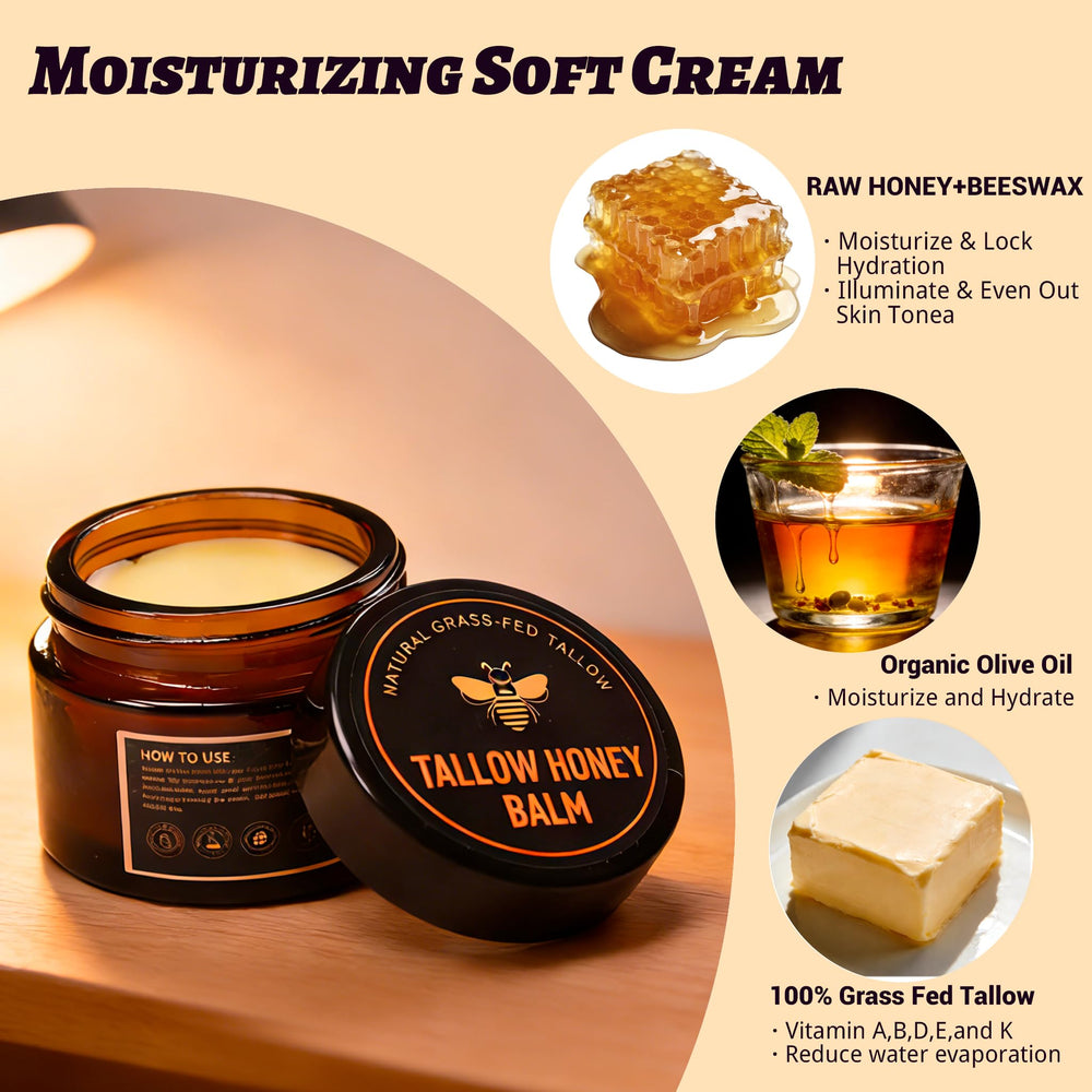 Yotdar ingredients layout features grass-fed tallow, honey, olive oil, beeswax.