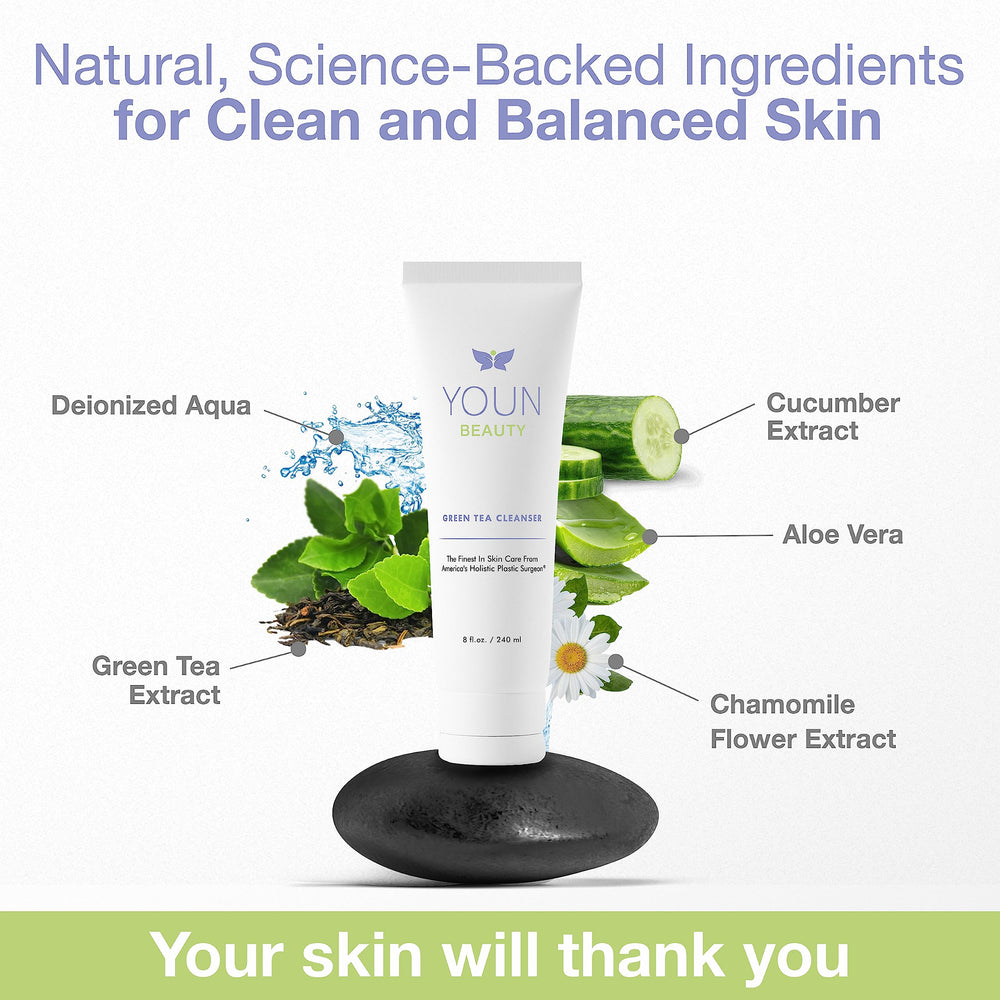 YOUN Beauty Green Tea Cleanser bottle showcases Aloe Vera hydration