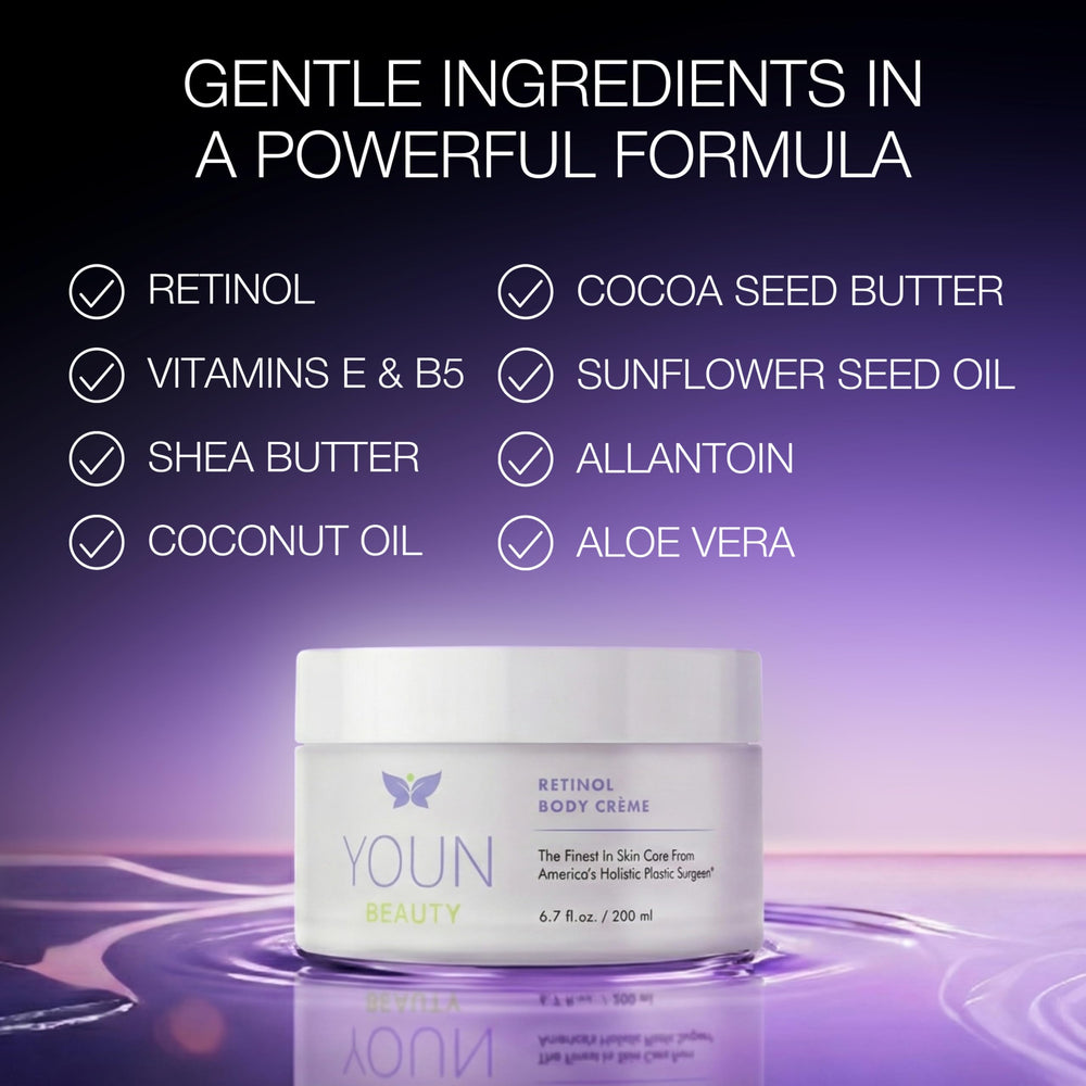 YOUN Beauty Retinol Body Creme with shea butter delivering deep moisture for dry skin