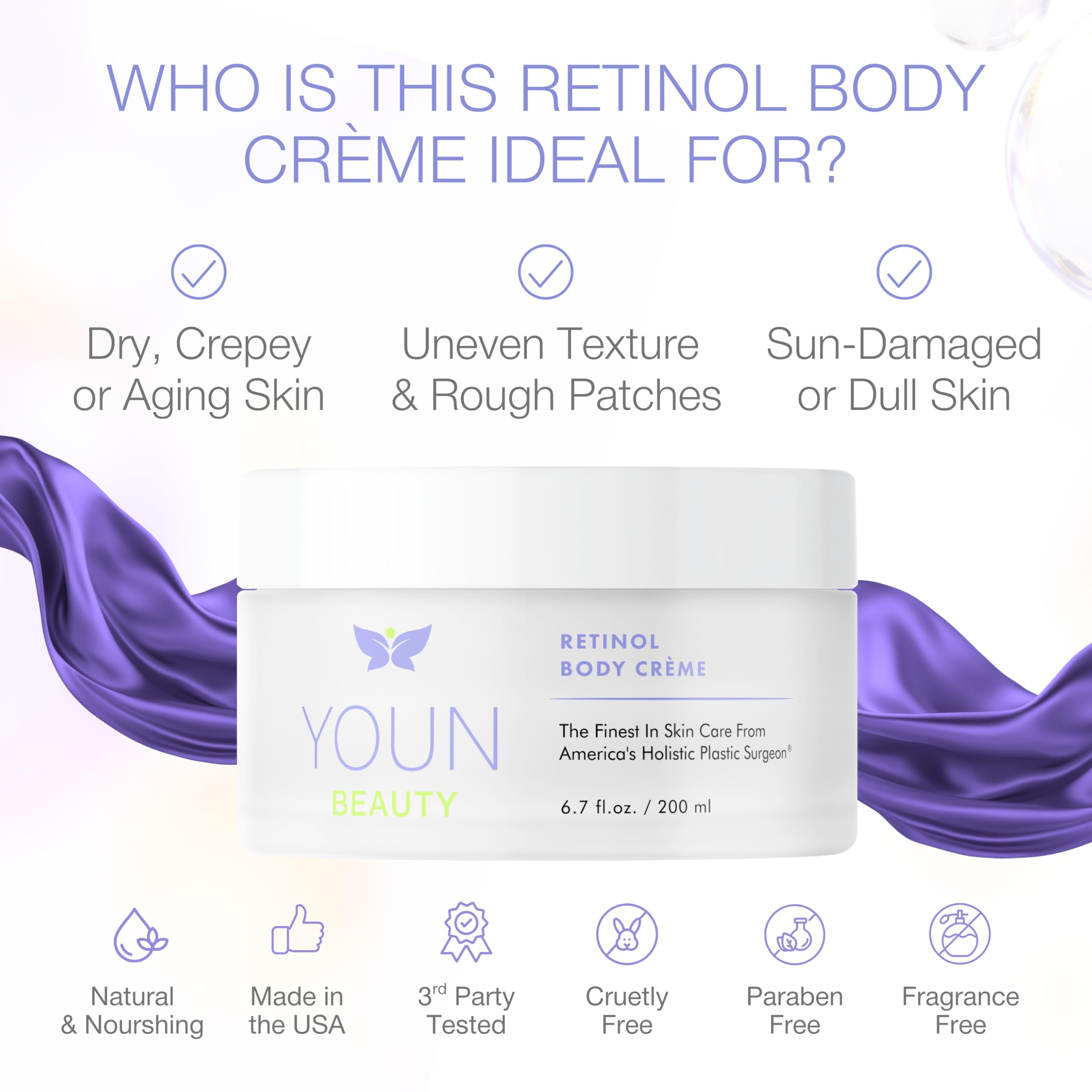 Close-up of YOUN Beauty Retinol Body Creme texture showing rich, non-greasy finish