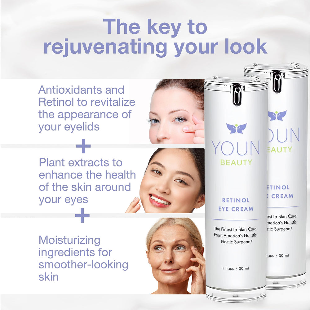 YOUN Beauty Retinol Eye Cream with hyaluronic acid swirls around eye area.