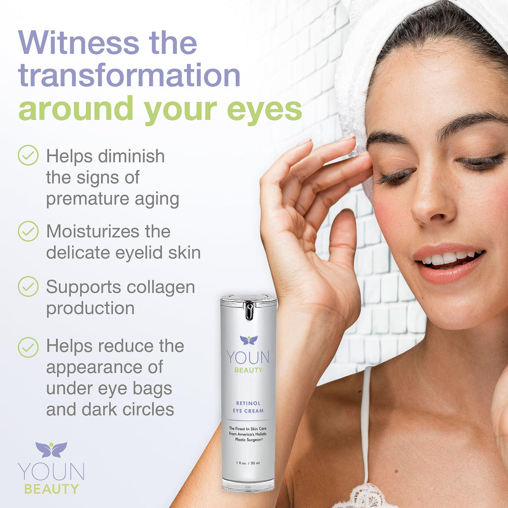 YOUN Beauty Retinol Eye Cream ingredients layout featuring jojoba and vitamins.