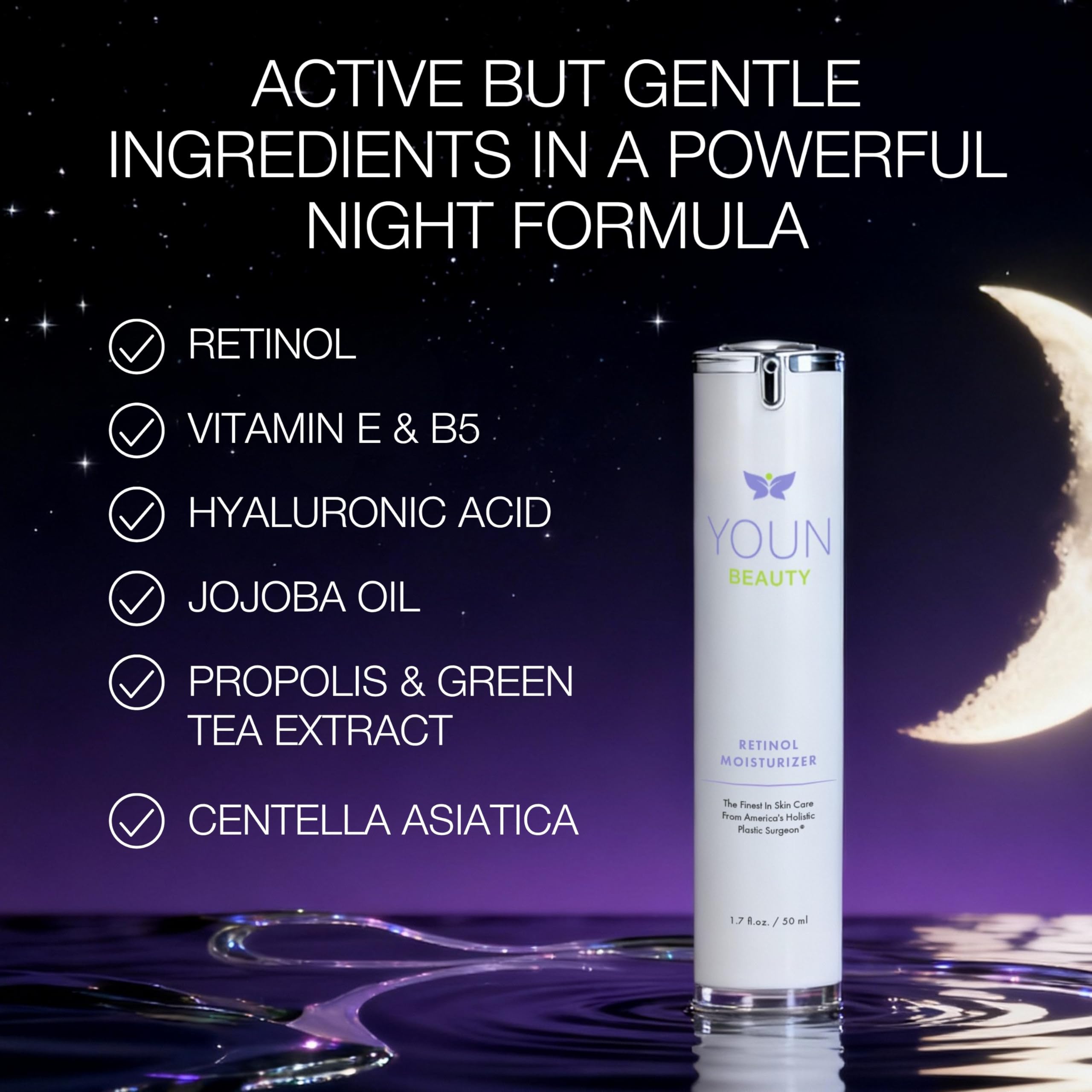 Label on YOUN Beauty Retinol Night Cream shows clean, paraben-free formula.