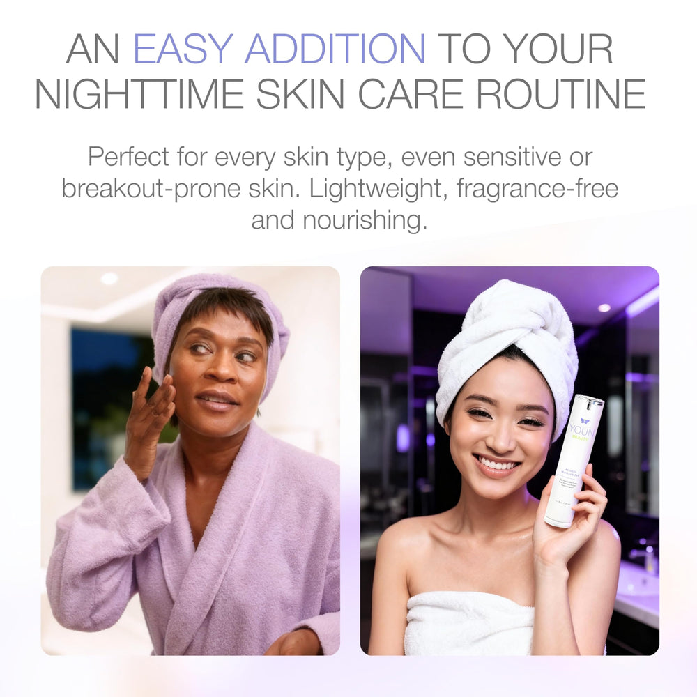 YOUN Beauty Retinol Night Cream on a nightstand for routine use.