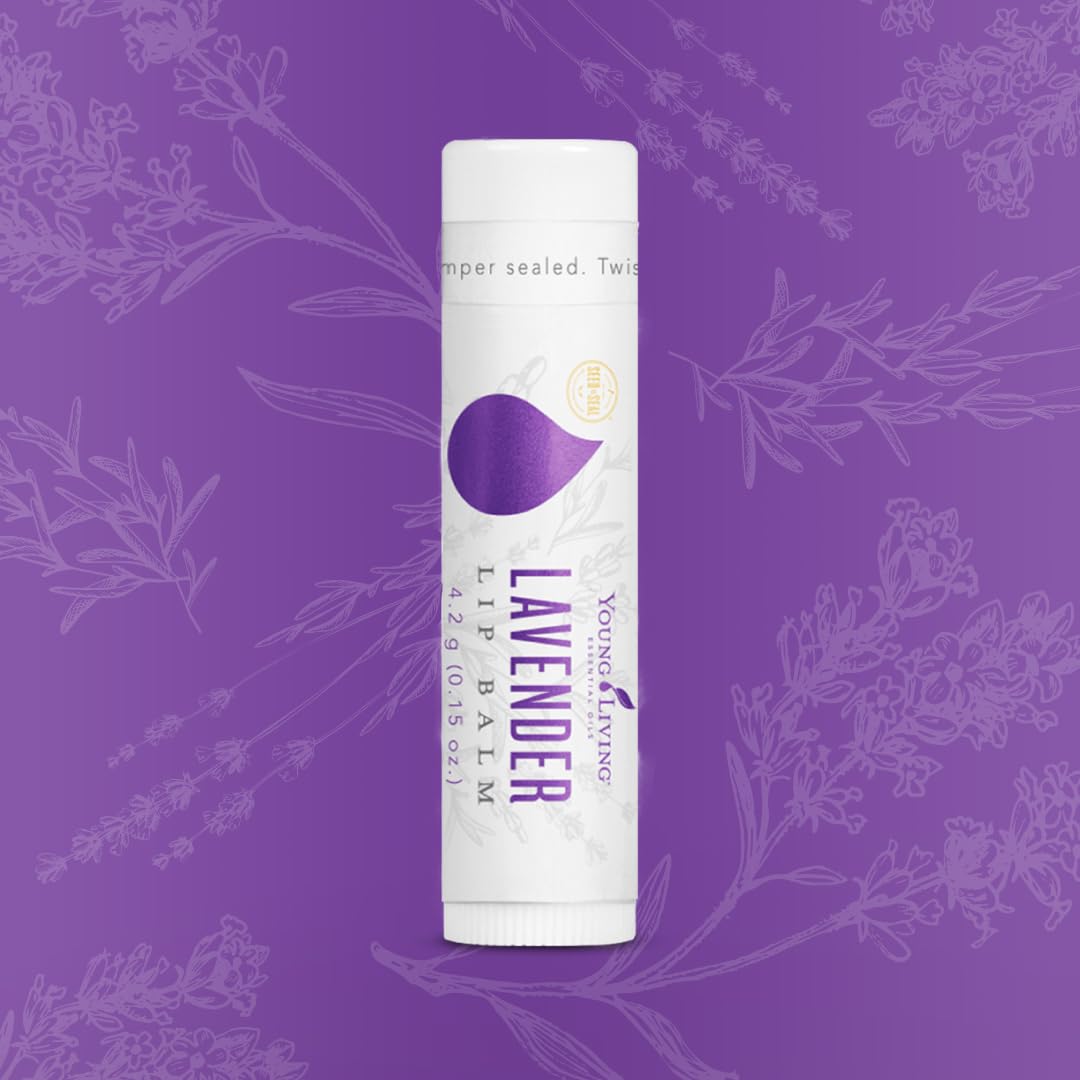Young Living Lavender Lip Balm packaging showcases natural ingredients in a travel-friendly tube.