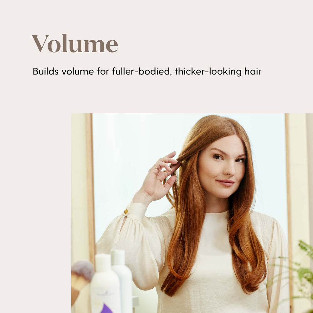 Young Living Lavender Volume Shampoo hair closeup showing healthy, voluminous strands and natural shine