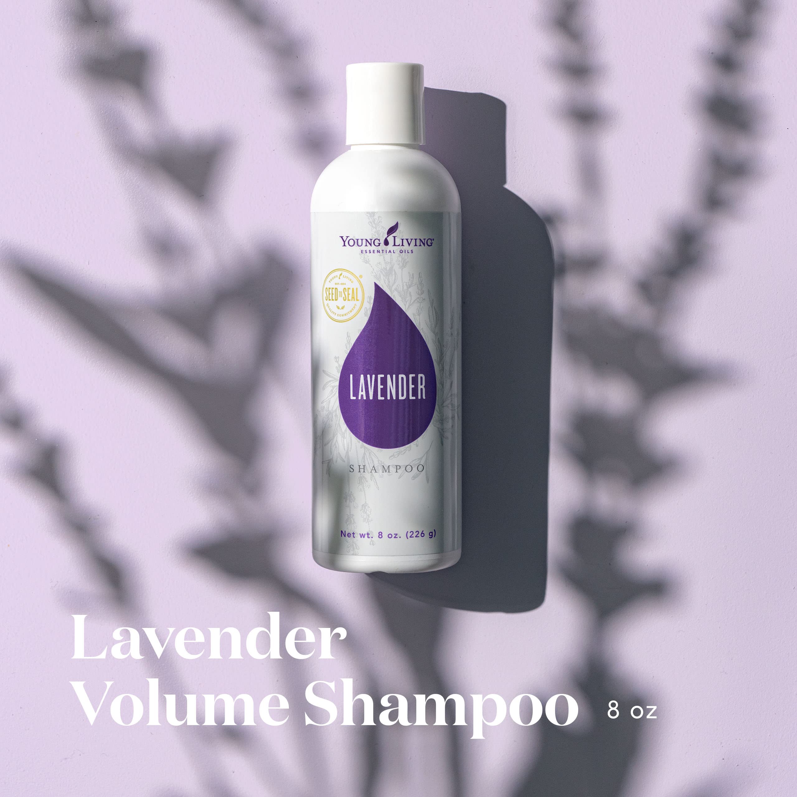 Young Living Lavender Volume Shampoo label detail highlighting lavender benefits for scalp and hair