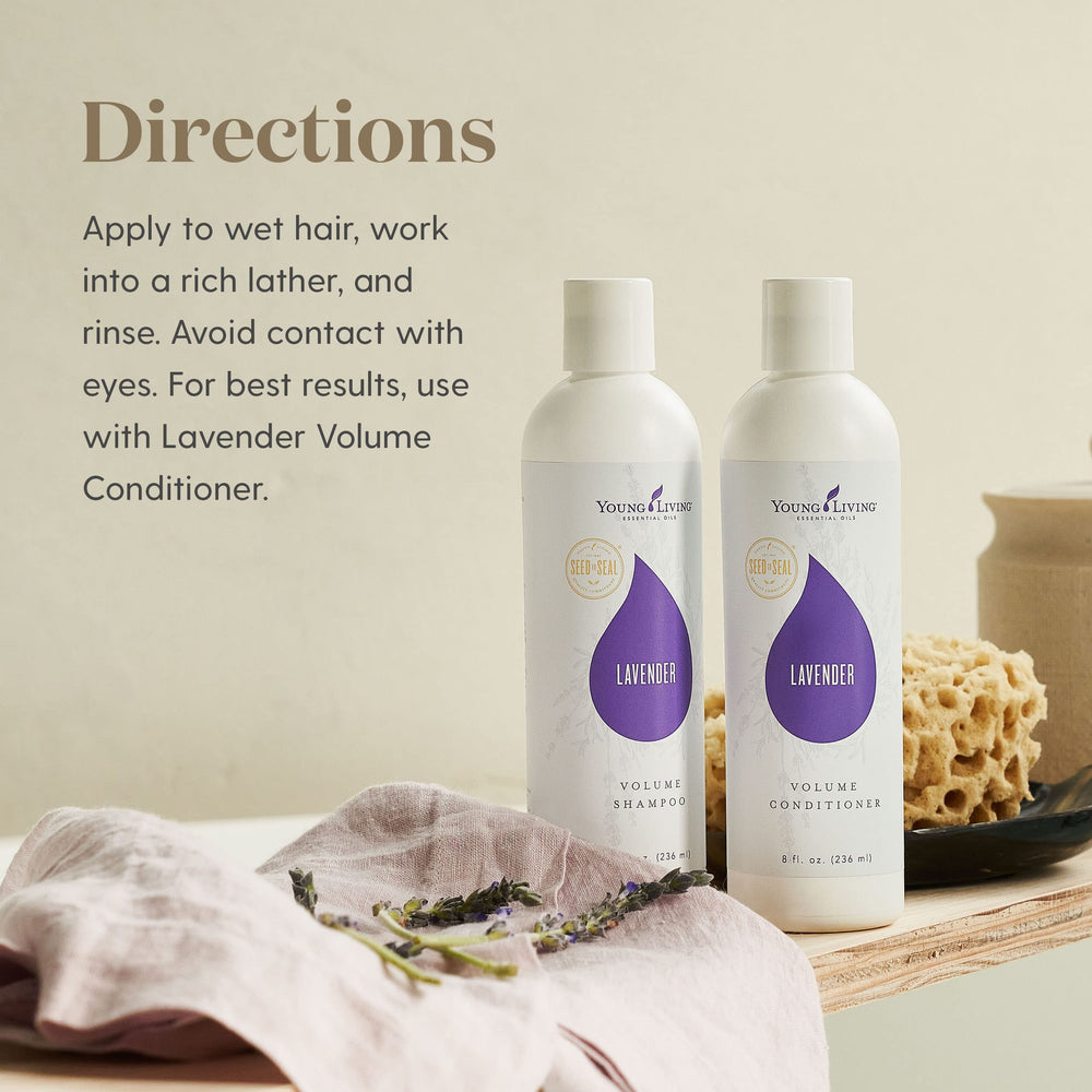 Young Living Lavender Volume Shampoo lather emphasizing fuller-looking hair after cleansing