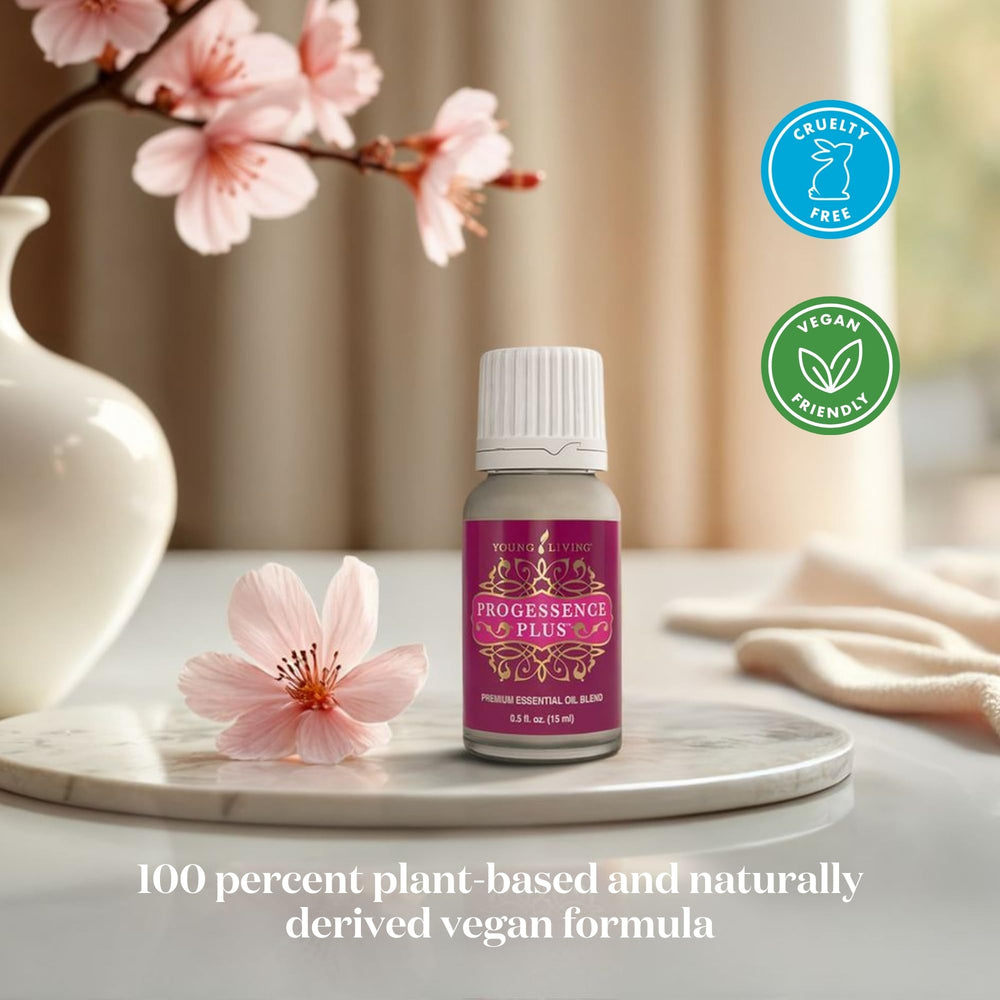 Progressence Serum by Young Living on a vanity for daily routine.