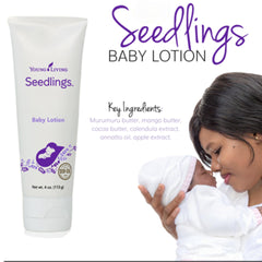 Applying Young Living Seedlings Baby Lotion on a small arm demonstrates hypoallergenic care