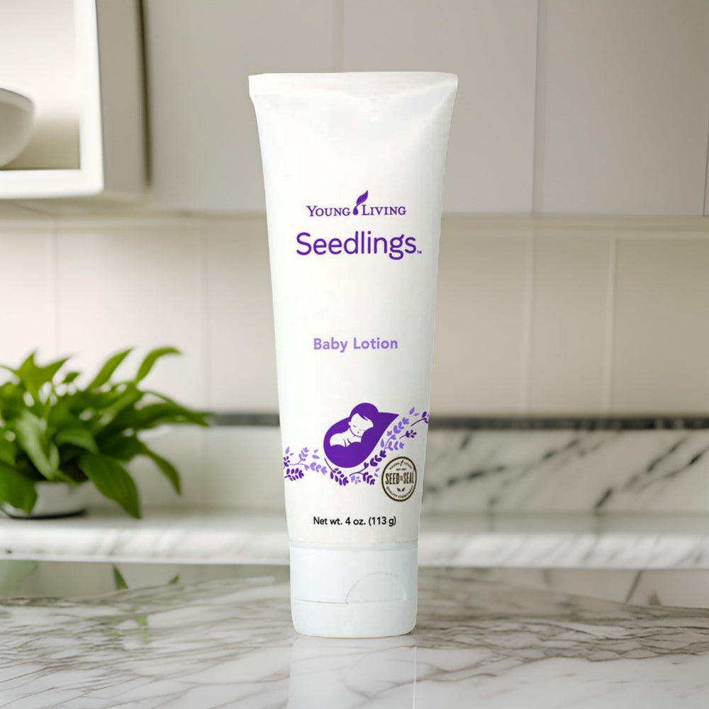 Pump-top bottle of Young Living Seedlings Baby Lotion for easy daily use