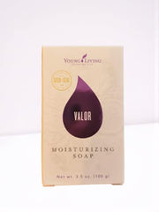 Young Living Valor moisturizing bar soap packaging in a bright bathroom scene, suggesting premium fragrance and care