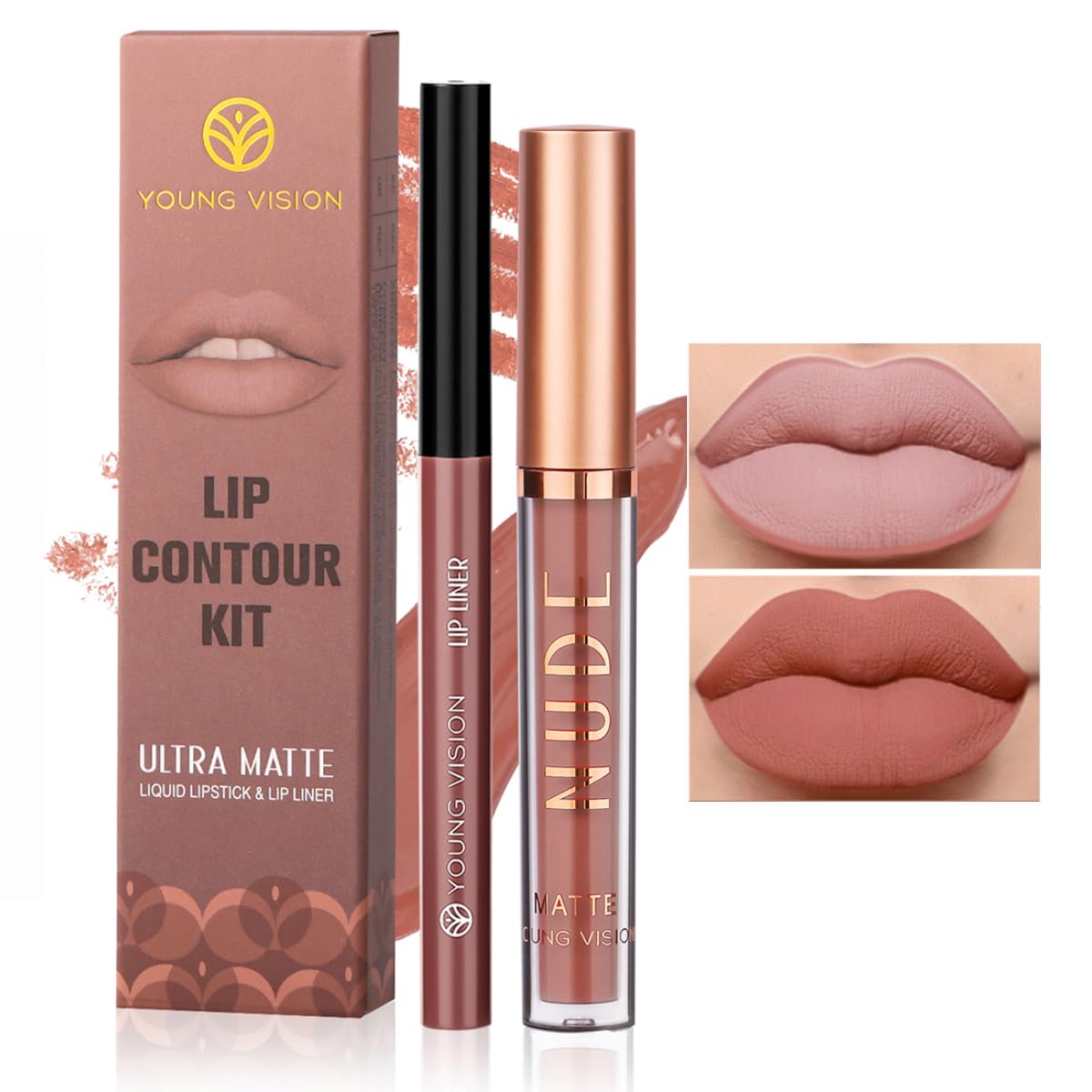 Young Vision 6-color matte lipstick collection swatches with velvet finish.
