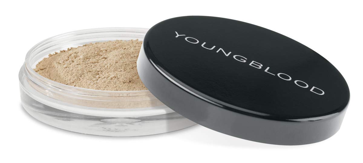 Youngblood loose-mineral-foundation soft-beige-dispense shows matte oil-control finish.
