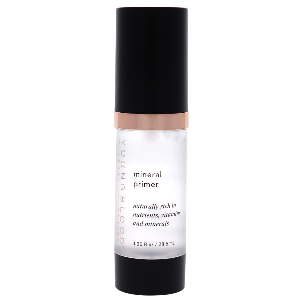 Closeup of Youngblood Mineral Primer bottle showing a colorless base for a flawless canvas.