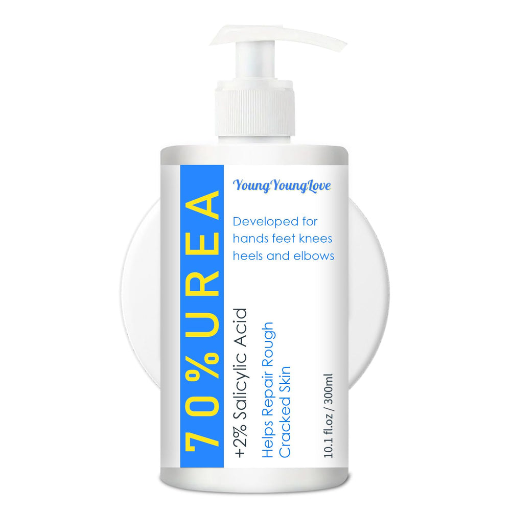 YoungYoungLove urea cream bottle pouring for intense hydration.