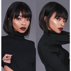 YOUNIGA Black Bob Wig bangs closeup highlighting bold fringe and realistic texture