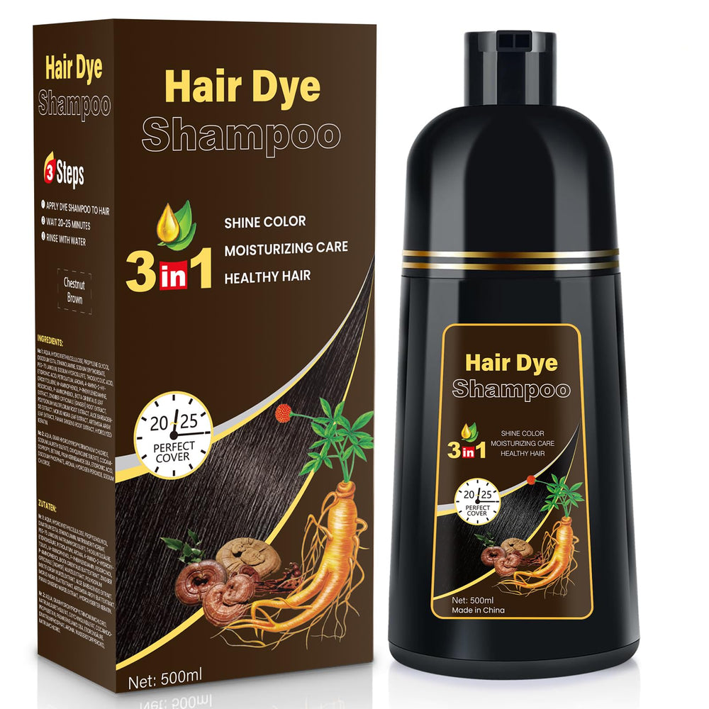 Yourtone Chestnut Brown dye shampoo bottle shows 3-in-1 color and scalp care.