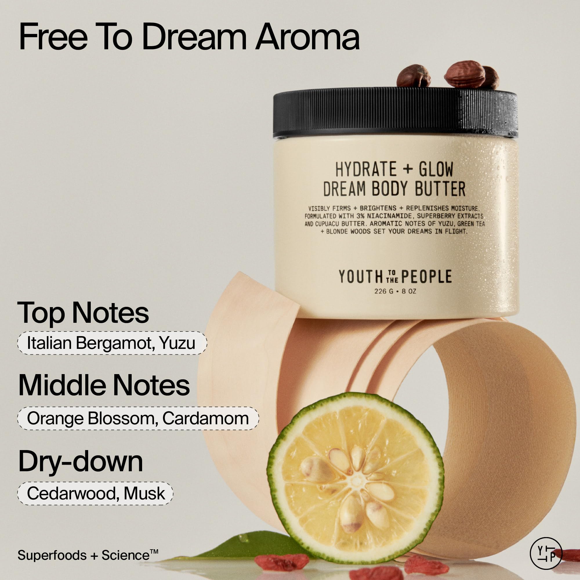 Green tea and yuzu scent in a Youth To The People body butter for calming rituals.
