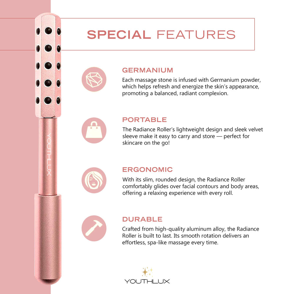 YOUTHLUX Radiance Roller relieves facial tension in the jaw and neck.