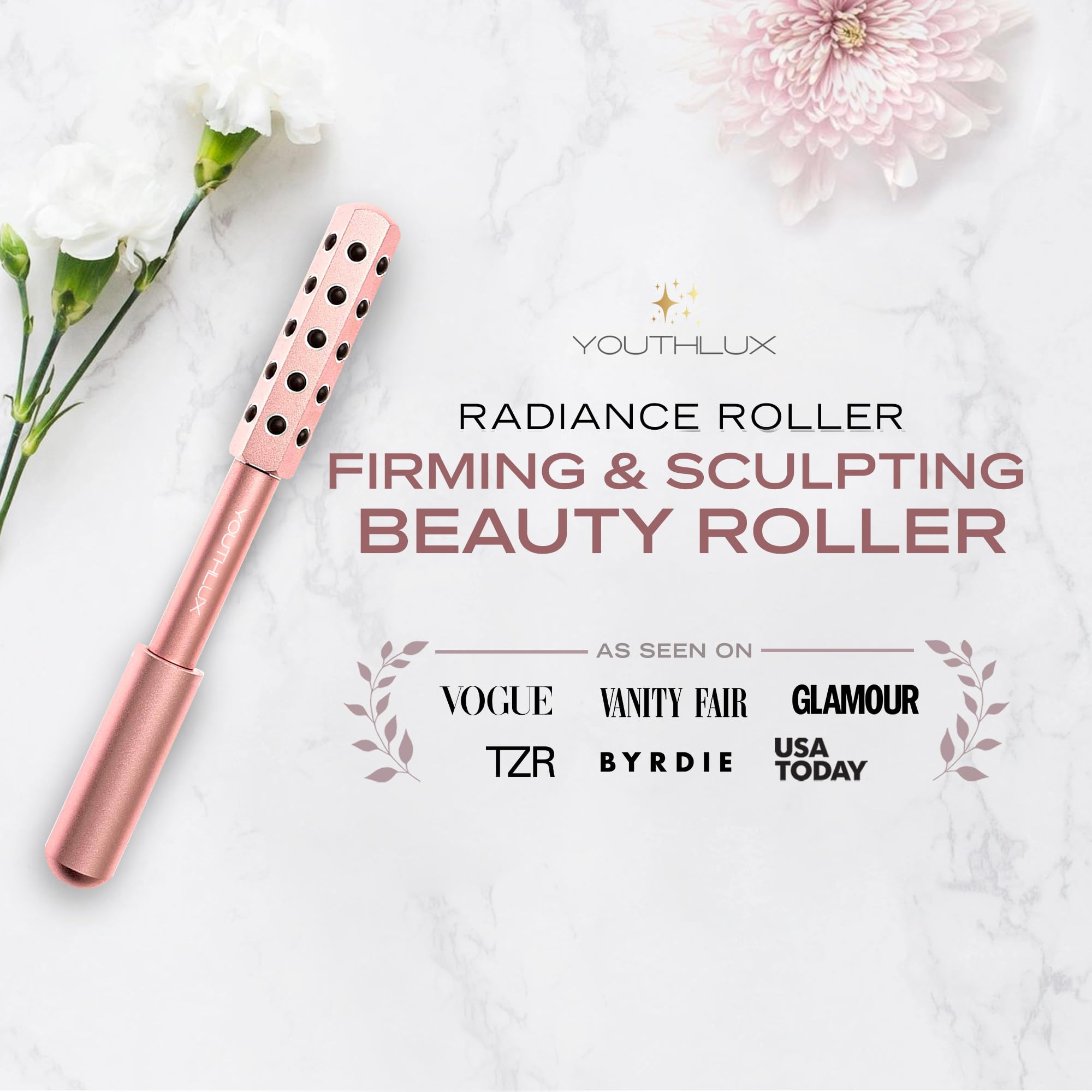YOUTHLUX Radiance Roller rose-gold finish for de-puffing and contouring.