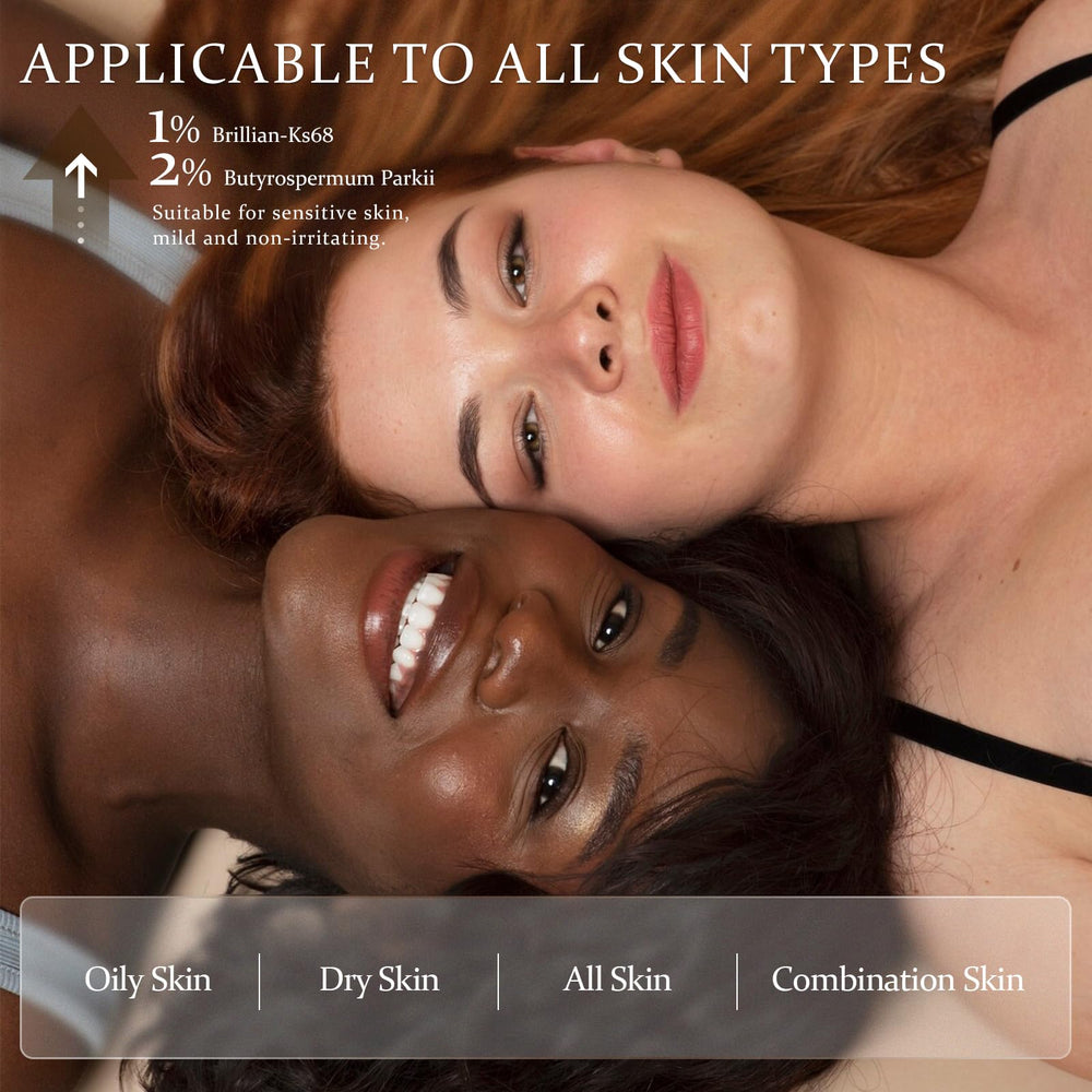 Application swatch shows smooth blend and subtle radiance on skin