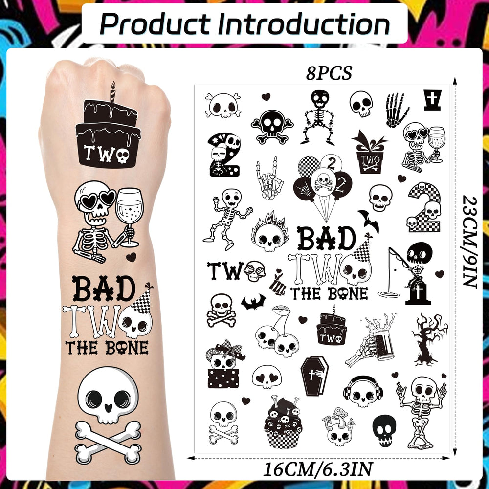 Yoyuspy Bad Two the Bone skull cartoons add playful vibe for second birthday celebrations.