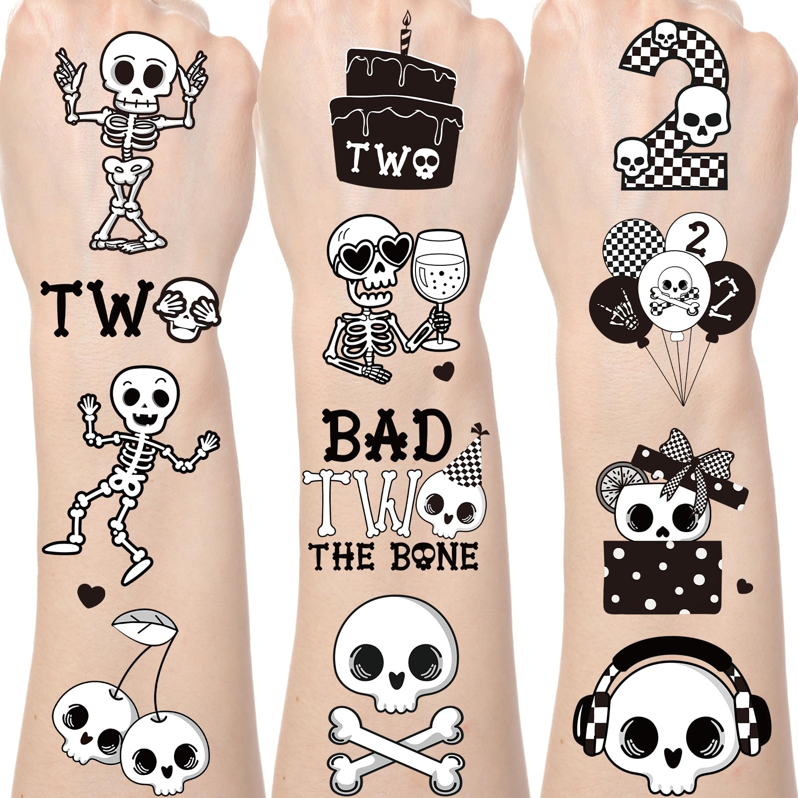 Yoyuspy Bad Two the Bone tattoo sheets with skull designs for festive party decorations.
