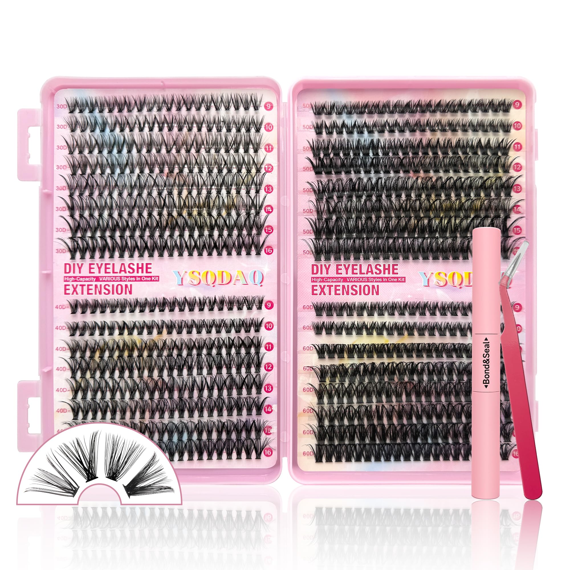 YSQDAQ DIY lash clusters kit with 640 pcs for at-home extensions.