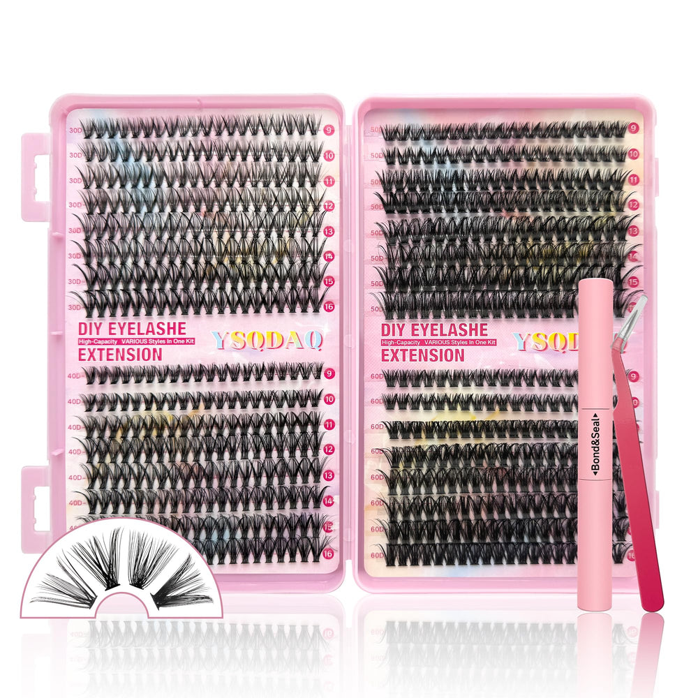 YSQDAQ DIY lash clusters kit with 640 pcs for at-home extensions.
