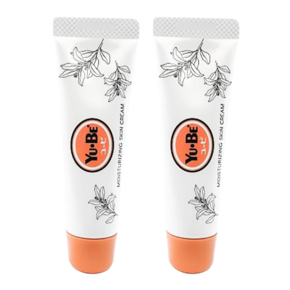 Yu-Be Moisturizing Skin Cream Duo packaging shows twin tubes for daily hydration.