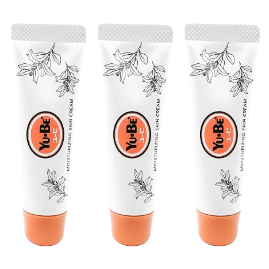 Yu-Be Moisturizing Skin Cream Trio packaging shows compact tubes for on-the-go hydration.