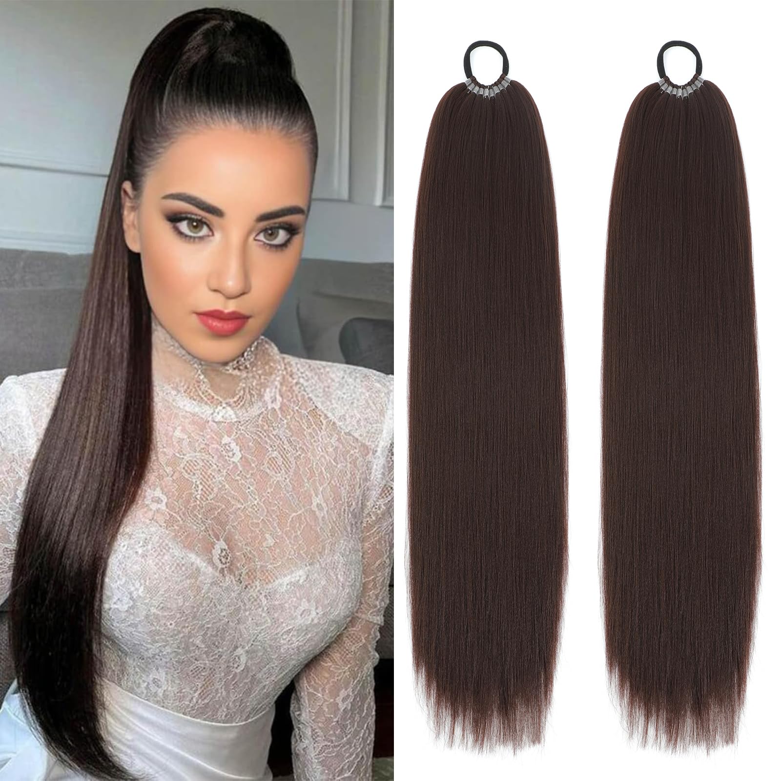 Yubao Hair 2 packs braided ponytail extensions in brown add instant length and fullness.