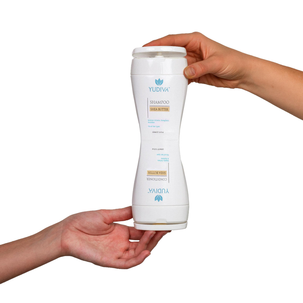 YUDIVA dual-chamber bottle front with separate shampoo and conditioner sections.