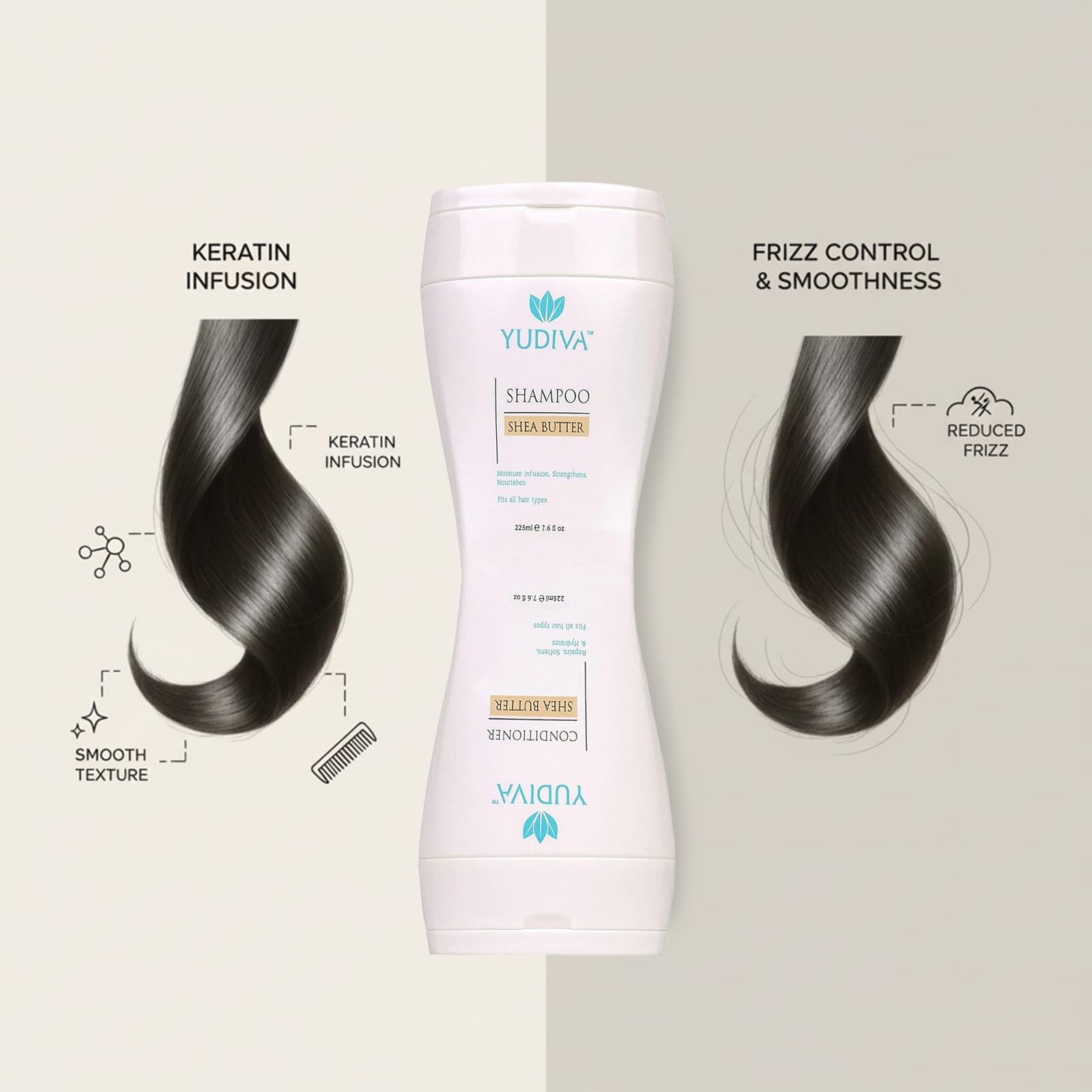 YUDIVA shampoo texture close-up highlighting shea butter enrichment.