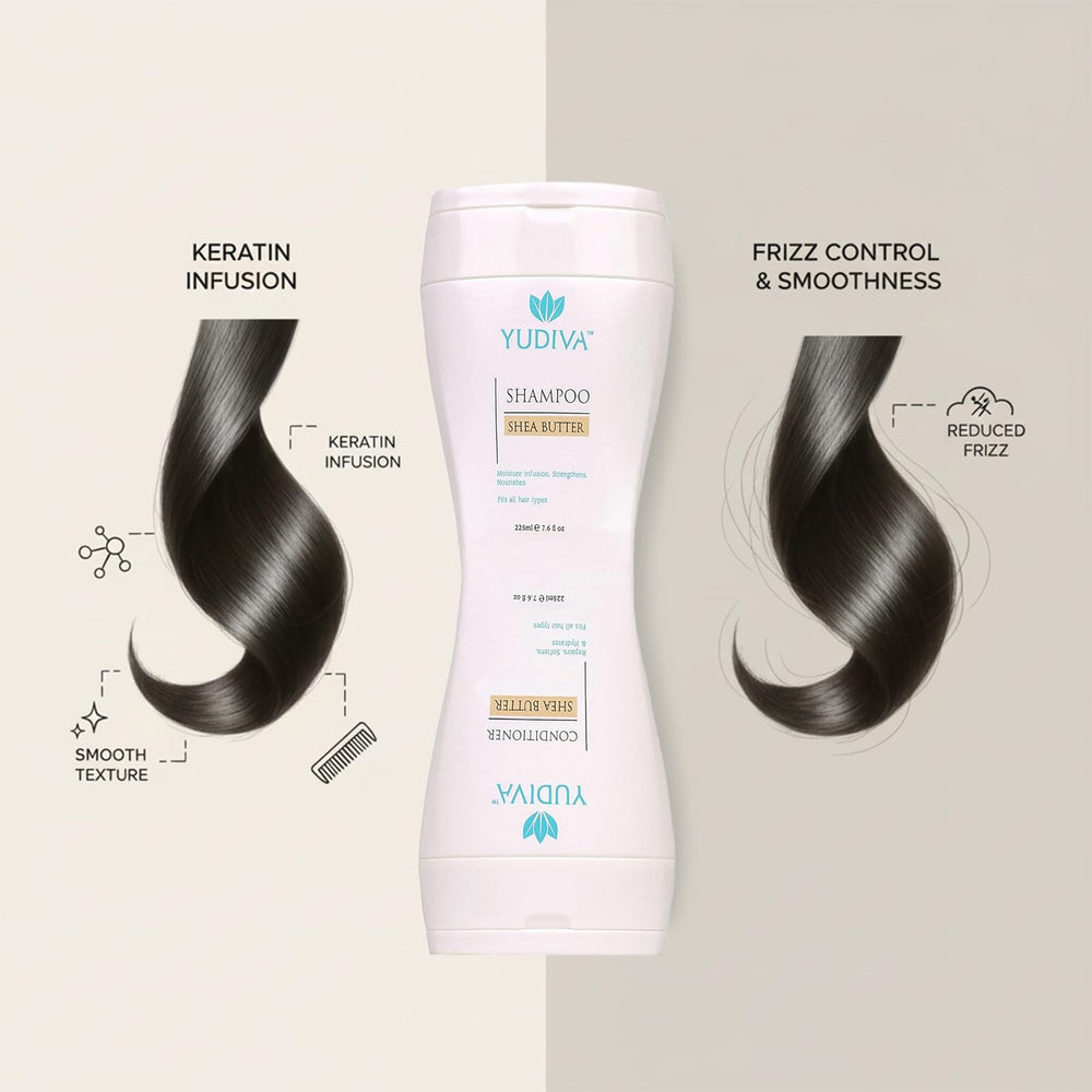 YUDIVA shampoo texture close-up highlighting shea butter enrichment.